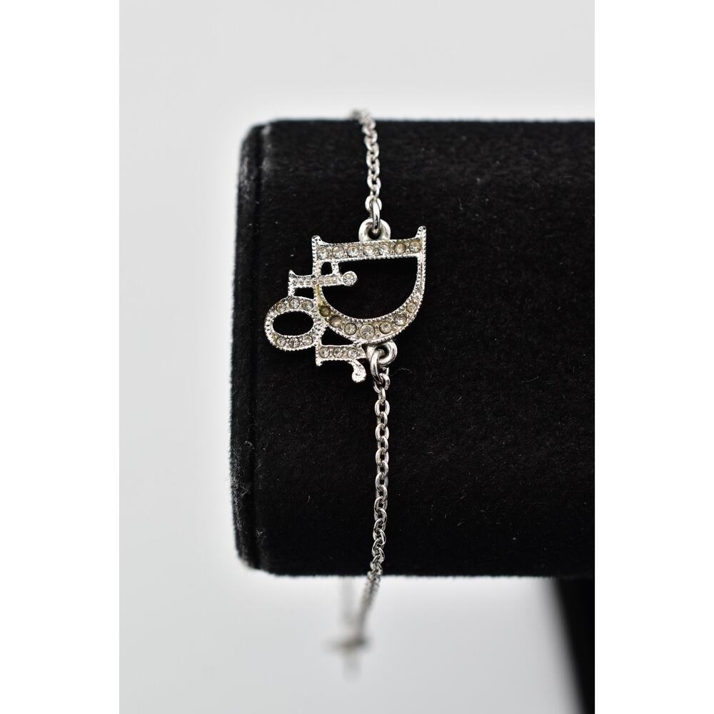 Christian Dior Vintage Crystal Logo Bracelet Script Charm Silver Signed BinAD